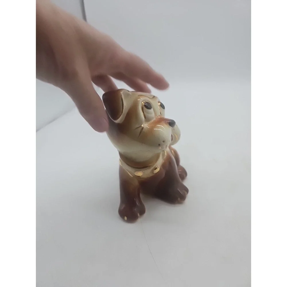 Vintage Ceramic Dog With Sad Eyes Planter Gold Collar Sad Eyes
